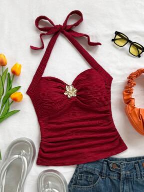 Soleia Wakacyjny Halter z dekoltem w serek, kwiatowy, metalowa klamra, biały dzianinowy, teksturowany, dopasowany damski top na ramiączkach, odpowiedni na festiwal muzyczny, boho, randki świąteczne, popołudniową herbatę