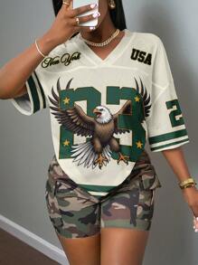 Slaydiva 女士加大码休闲简约 T 恤，适合夏季、音乐节、复活节、西式、游牧风格、生日派对、毕业典礼、学生装、日常外出、基本百搭、休闲、度假、邮轮旅行、海滩、日光浴、在线流行、宽松版型、运动装、字母和数字印花、迷彩、撞色条纹、网眼 - 彩色 - 查看 1