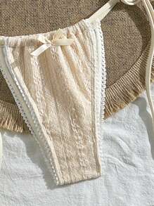 Swim Mod Women's Summer Jacquard Fabric Spaghetti Strap Ruffle Bow Sexy Bikini Set - Apricot - View 4