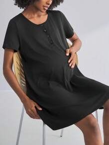 BloomMama 孕妇纯色纽扣半开V领及膝短袖/长袖休闲连衣裙 - 黑色 - 查看 5