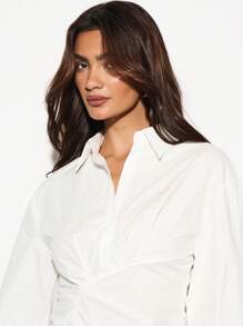 KIZN Poplin Wrap Shirt Dress Long Sleeve Mini Length Professional Business Workwear Elegant Classic Button Down Office Attire Spring Fall Collection Business Casual Woman - White - View 4