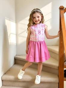 2pcs/Set Tween Girl Floral Print Frill Trim T-Shirt And Skater Skirt Set - Pink - View 1