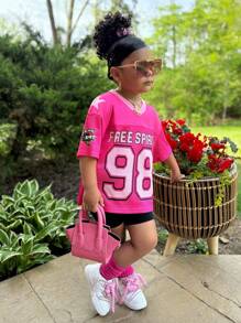 Young Girl Woven Stitching Numeric & Letter Graphic Loose Casual T-Shirt, Sports Jersey - Pink - View 3