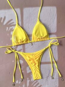 Swim Vcay Solid Triangle Tie Side Bikini Set For Summer Beach Vacation - Yellow - View 2