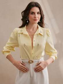 Anewsta Women's Casual/Office Wear Long Sleeve Rhinestone Button Blouse Women Shirt