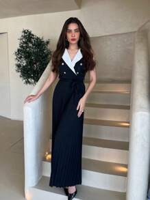 Modelyn Mono de verano elegante y plisado para mujer, intelectual, en color negro y blanco, para uso diario