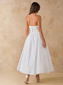 SHEIN BAE 纯白色优雅中长连衣裙，带蝴蝶结，修身休闲连衣裙，适合约会、度假、派对、生日、早午餐、婚礼嘉宾、伴娘、春夏季 - 白色 - 查看 2