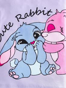 2pcs Cute Bunny Print Stretchy Pajama Set With Short Sleeve Top And Long Pants For Tween Girls Summer - Purple - View 7