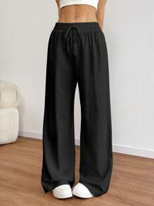 Sweetra Loose Linen Elastic Waist Straight Leg Women's Casual Pants, Spring/Summer Fall Cloth For Women