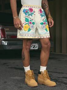 AXEPEAK 时尚街头休闲花卉水果图案抽绳口袋男士短裤，街头服饰 - 杏色 - 查看 1