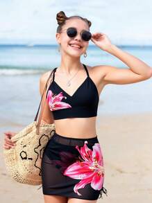 SHEIN Bộ đồ bơi in hoa cho bé gái tuổi teen - màu đen - Xem 1