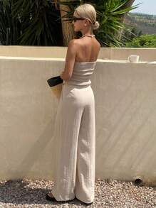 DAZY 女士纹理纯色抹胸和裤子两件套，春夏 - 卡其色 - 查看 4