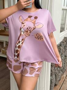 长颈鹿印花休闲大码短袖短裤套装 - 粉色 - 查看 4
