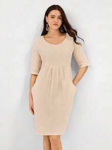 Miaspire Women Casual Solid Color Short Dress - Khaki - View 5