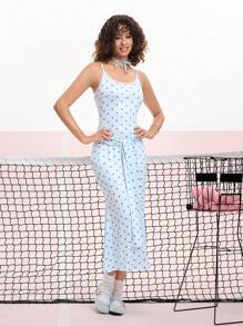 SHEIN MOD فستان أنيق رسمي ذو بقع زرقاء منقطة مع طوق دانتيل والخدشة على اللوحة الأمامية - الأزرق - مشاهدة 4