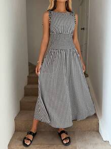 Easowa 女式无袖 A 字中长连衣裙，肩部系带蝴蝶结，腰部褶皱，格纹图案，休闲度假，优雅户外穿着，春夏季，波西米亚服装，老钱风格