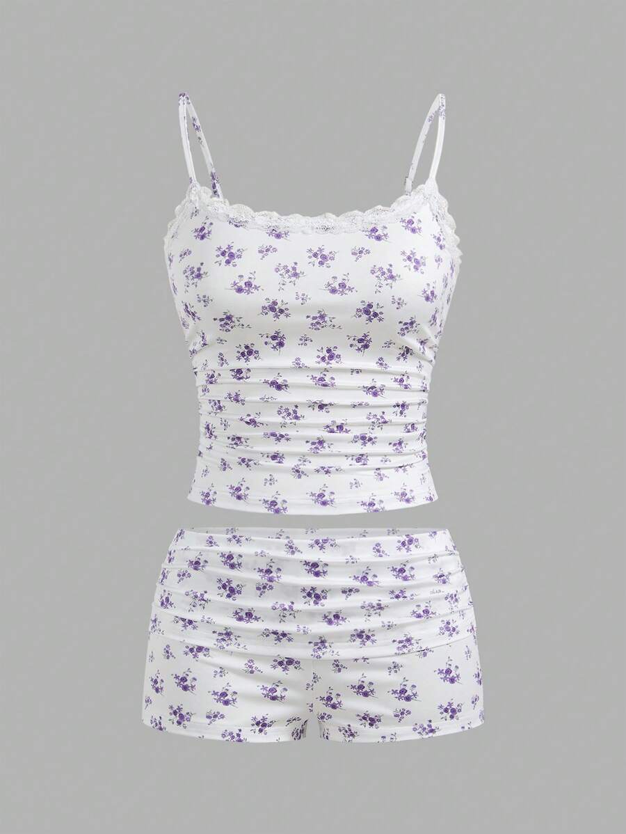 SHEIN EZwear 2件套女士夏季碎花蕾丝装饰吊带背心和短裤套装 - 紫色 - 查看 1