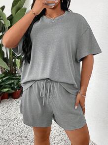 SHEIN LUNE Conjunto de camiseta y pantalones cortos cómodos y versátiles, conjunto de talla grande para concierto country, graduación, atuendo de verano para mujeres, atuendo para brunch, atuendo para el Día de la Madre, atuendo para la iglesia para mujeres - Gris - Ver 2