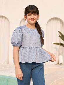 Tween Girls Ruffle Short Sleeve Bowknot Back Blouse Shirt - Blue - View 2