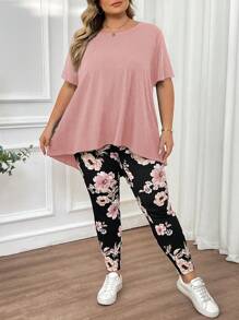 SHEIN CURVE+ 大尺碼女款夏季波希米亞風粉色花卉兩件套，圓領短袖不對稱下擺T恤與休閒長褲，海灘度假穿搭 - 藕粉色 - 查看 4