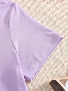 SHEIN Bộ 2 áo phông và quần short in hình chú chuột lang hoạt hình cho bé gái, màu tím, trang phục dễ thương cho thiếu nữ vào mùa hè - Màu tím - Xem 3