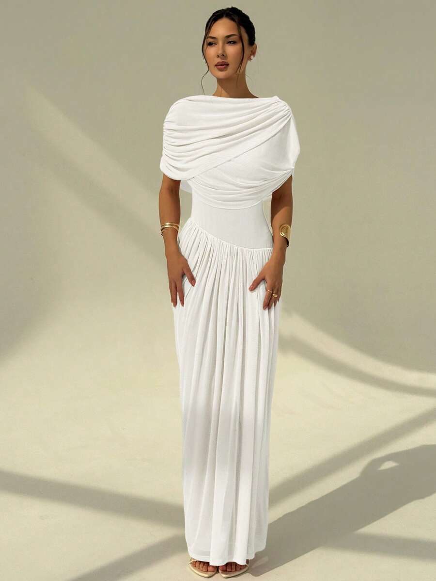 Aloruh Women's Solid Color Pleated Batwing Sleeve Elegant Dress - White - View 1