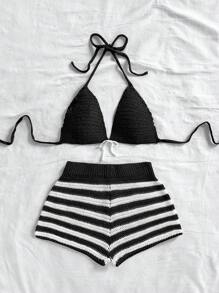 Soleia 2pcs/Set Holiday Beach Decoration Red & White Striped Bikini Sweater Set In Fall/Winter - Black and White - View 5