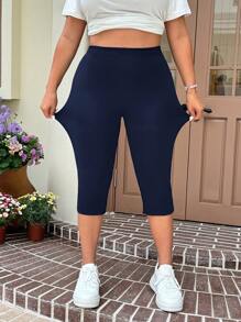 SHEIN EZwear Pantalones capri azul marino de talla grande, casuales - Azul Marino - Ver 3