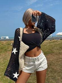 Chiquease 音乐节节日星星刺绣镂空短款开衫 - 黑色 - 查看 3