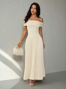 SHEIN PETITE Váy dạ hội 1 mảnh trễ vai màu trơn xếp ly thanh lịch - Màu be - Xem 6