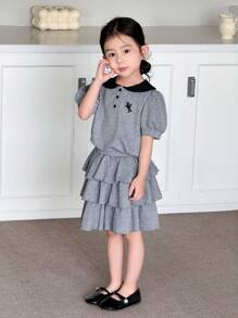 SHEIN 年轻女孩灰色刺绣 Polo 衫和蛋糕裙，适合休闲和日常穿着以及学校日常、学院风格、返校 - 灰色 - 查看 5