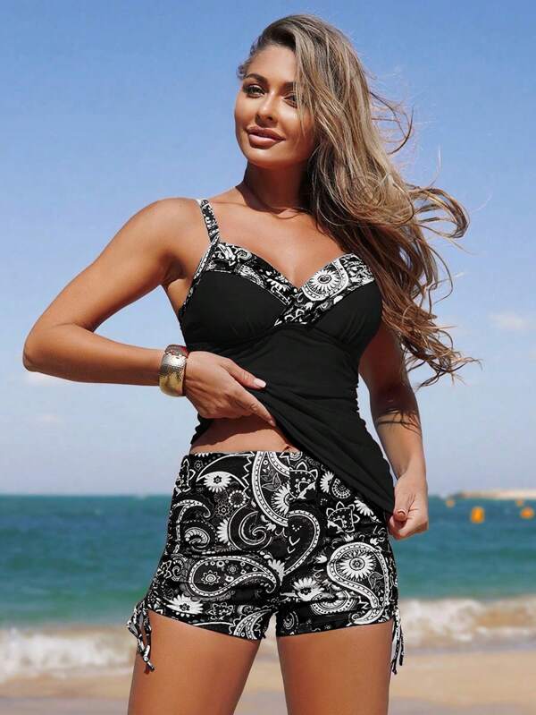 Swim Lushoire Women Beach Outfits Paisley Print Casual Holiday Inclusive Boyshort Bikini Swimsuit