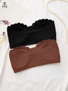 2pcs Multi-Color Women Underwear Strapless Bras, Front Closure Ruffled Push-Up Bras With Removable Pads - Multicolor - View 3