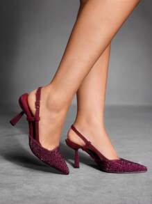CUCCOO SZL Women's Fashionable Crystal-Embellished High Heel Slingback Pumps For Christmas - Burgundy - View 3