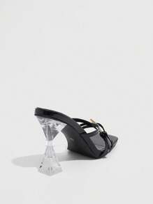 CUCCOO SZL 女士鞋黑色漆皮鳄鱼纹交叉系带透明外星人高跟凉鞋，搭配金色金属可调节扣细节，方形露趾高跟拖鞋，时尚性感优雅夏季凉鞋，适合约会派对办公室正式活动和日常穿着，百搭搭配裙子和正装 - 黑色 - 查看 8