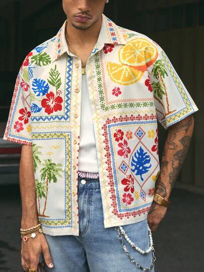 AXEPEAK Fashionable Street Style Floral Print Short Men's Shirt, Streetwear Style