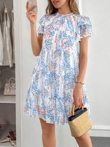 SHEIN Tall Vestido smock con cuello de burlete, mangas de mariposa, volantes en el bajo y estampado floral ditsy - Blanco - Ver 4