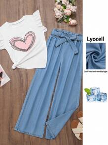 Girls Sweet Heart Print T-Shirt And Loose Waist Casual Pants Set, Comfortable And Fashionable, Suitable For Summer Young Girls Sets - Light Wash - View 3