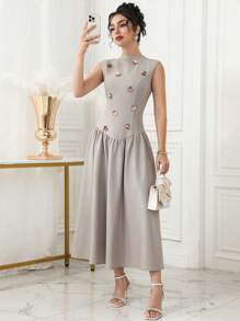 Modelyn Women's Elegant Floral 3D Sleeveless Waist Cinched Dress - Khaki - View 6