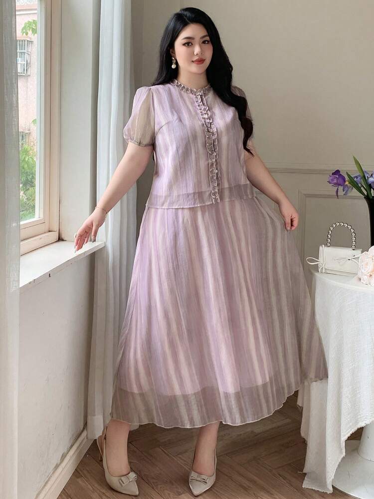 Dazy Plus Plus Size Loose Fit Short Sleeve Top And Elastic Waist Skirt Elegant 2 Pieces Set, Summer, Back To School Clothes