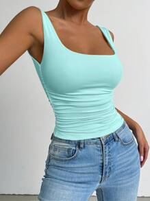 SHEIN PETITE Women's Solid Square Neck Pleated Fitted Tank Top, Spring/Summer - Blue - View 6