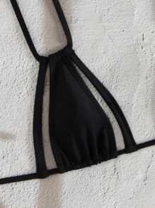 Swim Vcay Summer Beach Vacation Black Solid Color Sexy Bikini Bottom With Special T-Shape Diamond Accessory Connection - Black - View 5