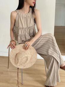 DAZY 2 pezzi/set Top alla halter con volant a righe e pantaloni casual da donna