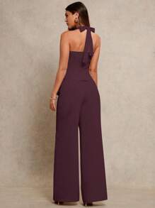 Glamine Setelan 2 Potong Modis, Model Halter Sederhana, Ramping, Seksi, Warna Aprikot, Atasan Crop Tenun dan Celana Panjang Lurus, Koleksi Musim Semi Terbaru - Rust Brown - View 3