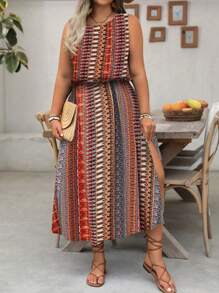 SHEIN Clasi 大码复古条纹开叉无袖收腰度假沙滩裙，春夏季