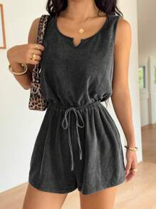 SHEIN EZwear 黑色 V 领无袖针织连体裤，女式休闲弹力束腰连体裤，夏季 - 黑色 - 查看 1