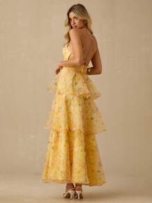 Enchnt Váy maxi công chúa organza hở lưng họa tiết hoa vàng nắng lãng mạn mùa xuân/hè dành cho nữ, ngọt ngào và thanh lịch cho kỳ nghỉ, ngày lễ, tiệc tùng, tốt nghiệp và khách dự tiệc cưới, bãi biển, váy dạ hội, váy mùa hè cho nữ, váy chống nắng cho nữ, quần áo mùa hè, váy thanh lịch cho tiệc tùng, quần áo bohemian - Màu vàng - Xem 2