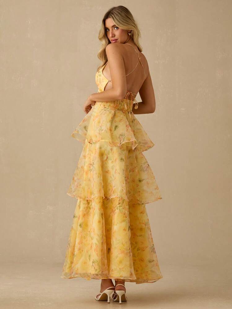 Enchnt Vestido maxi de princesa de organza con estampado floral amarillo sol romántico para mujer, con tirantes de espagueti, volantes en el bajo y espalda descubierta, dulce y elegante para vacaciones, citas, fiestas, graduación, invitada de boda y playa, vestido de fiesta, vestidos de verano para mujer, vestidos de sol para mujer, ropa de verano, vestidos elegantes para fiestas, ropa bohemia - Amarillo - Añade 2