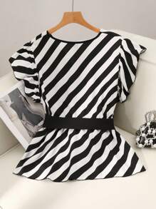 SHEIN Clasi 大码女式条纹荷叶边袖系带腰时尚衬衫