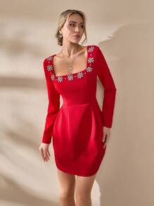 SHEIN Cottnline Rhinstone Embellishment Detailed Square Neck Long Sleeve Princess Shape Elegant Short Dress - Burgundy - View 4